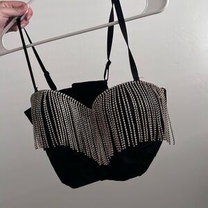 Black Bra Top with Silver Fringe